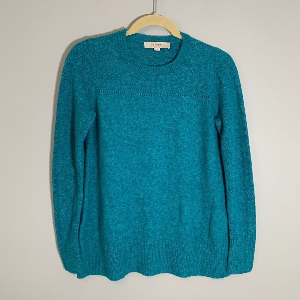 LOFT Teal Blue Pointelle Chevron Knit Crew‎ Neck Sweater Womens Size S Small